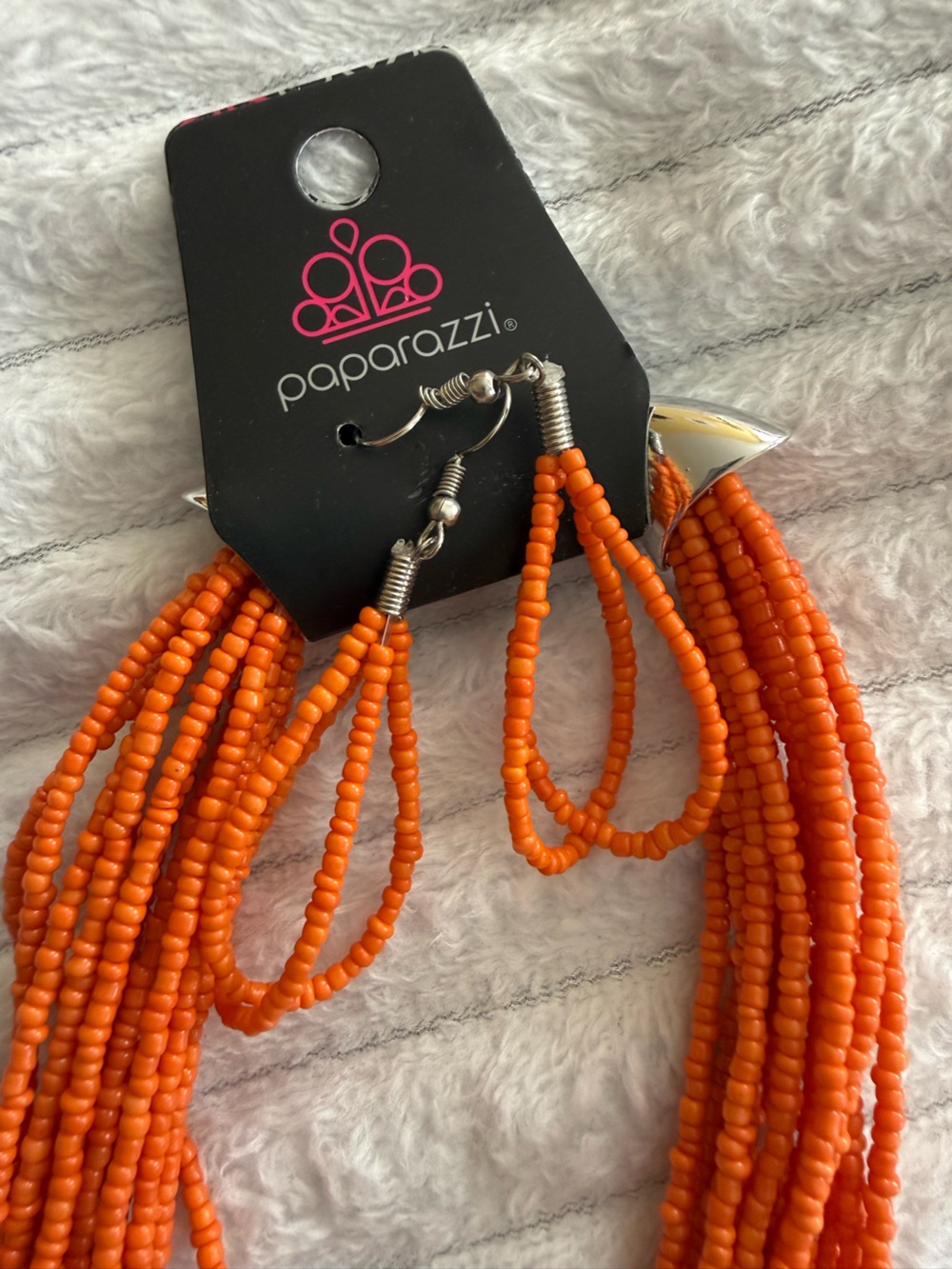 Multi-Strand Orange Seed Bead Necklace and Matching Earrings - Picture 2 of 4